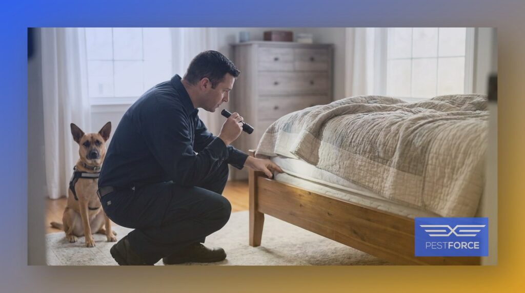 A pest control technician and K9 detection dog inspecting a bedroom mattress for bed bugs.