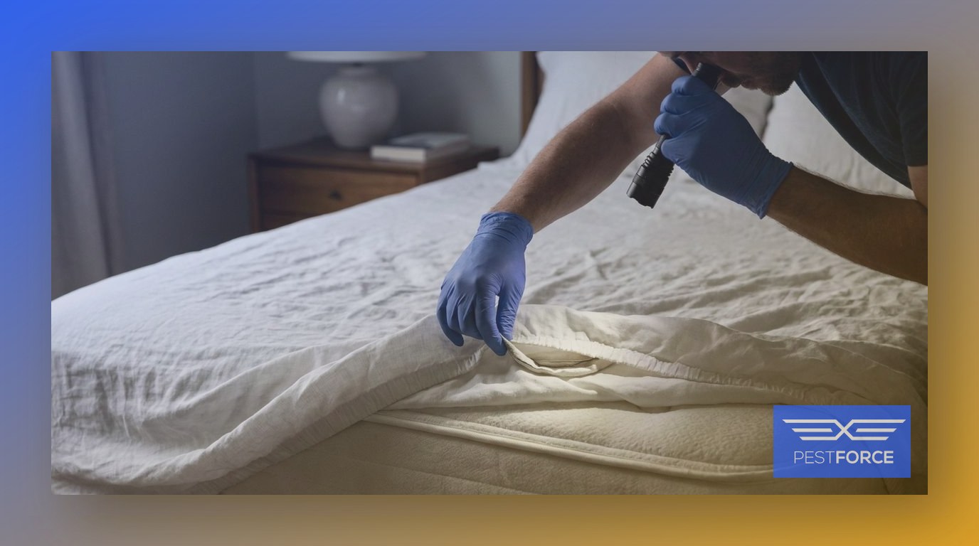 A person in gloves inspecting a mattress seam with a flashlight during a bed bug check.