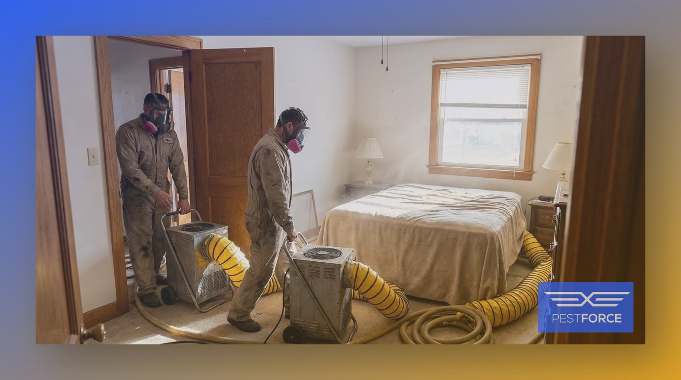 Pest control technicians setting up professional heat treatment equipment in a residential bedroom.