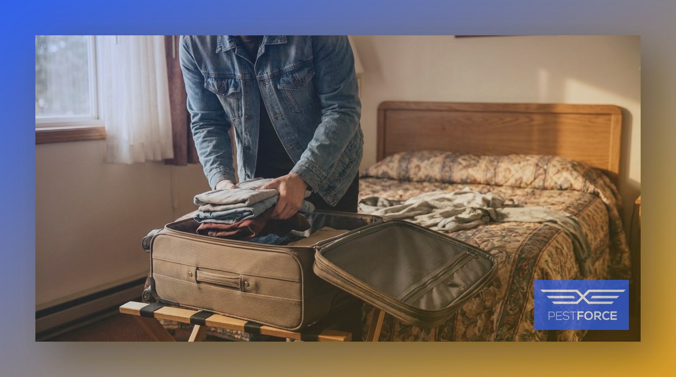 A traveler unpacking a suitcase on a hotel luggage rack, a common way bed bugs hitchhike into Georgia homes.