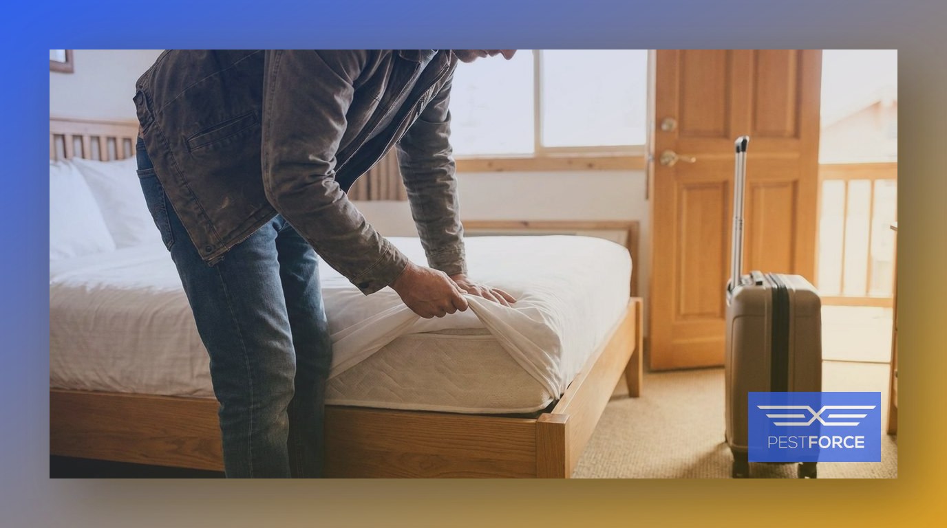 A hotel guest inspecting a mattress seam and headboard before unpacking luggage as a bed bug prevention step.