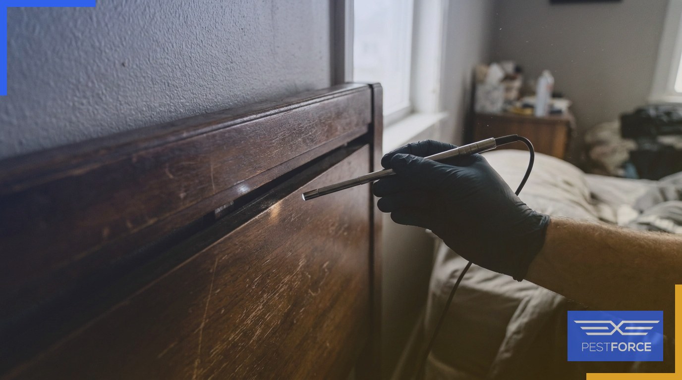 A gloved pest control technician probing the gap between a bed frame and wall during a bed bug inspection.