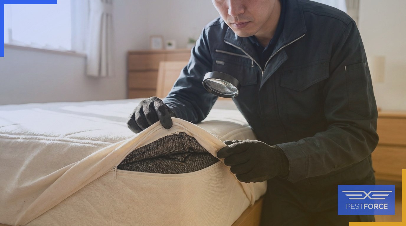 A pest control technician using a magnifying loupe to examine a mattress seam for bed bug eggs and nymphs.