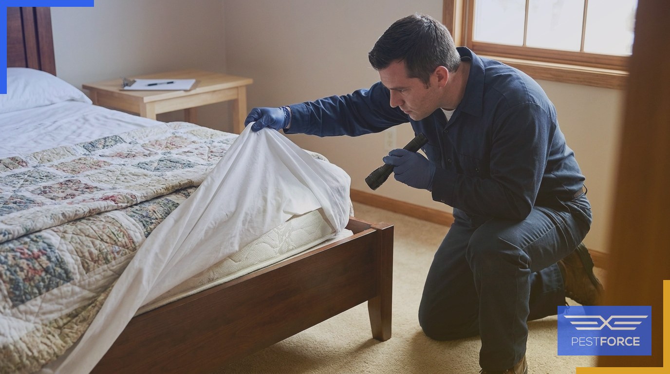 A pest control technician conducting an early bed bug infestation inspection along a mattress and baseboard.