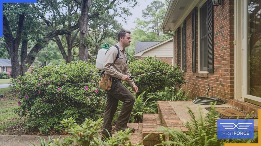 A pest control technician approaching a suburban Georgia home with a treatment sprayer to perform general pest control services.