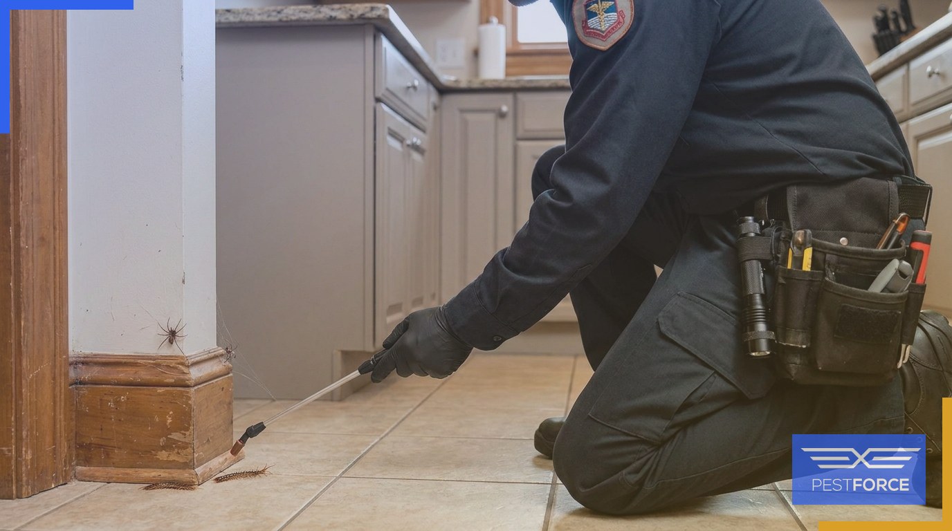 A pest control technician applying targeted treatment along a kitchen baseboard where common household pests are present.