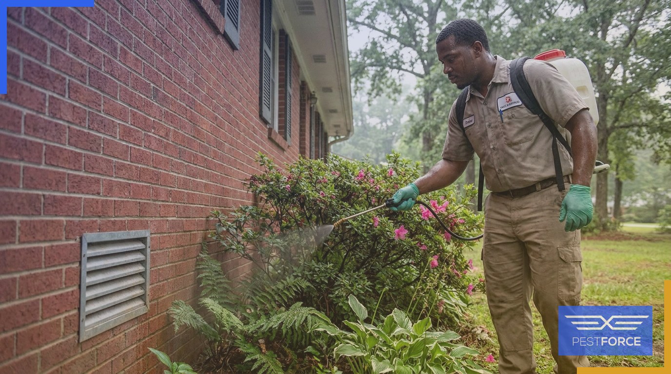 A pest control technician treating the exterior perimeter of a Georgia home during a recurring pest control service visit.