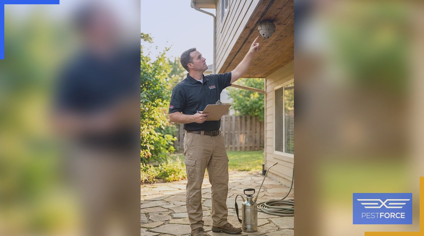 A pest control technician inspecting a wasp nest under a home's roofline eave before beginning a scheduled treatment.