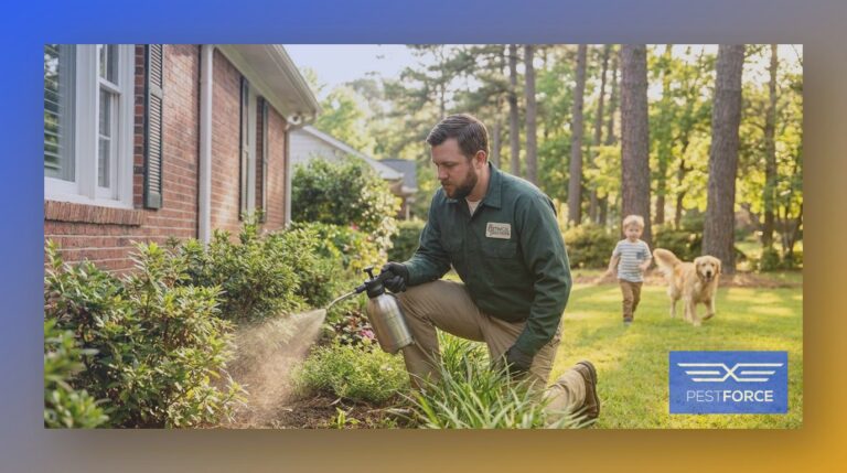 A pest control technician applying an eco-friendly botanical treatment around the perimeter of a Georgia residential home.