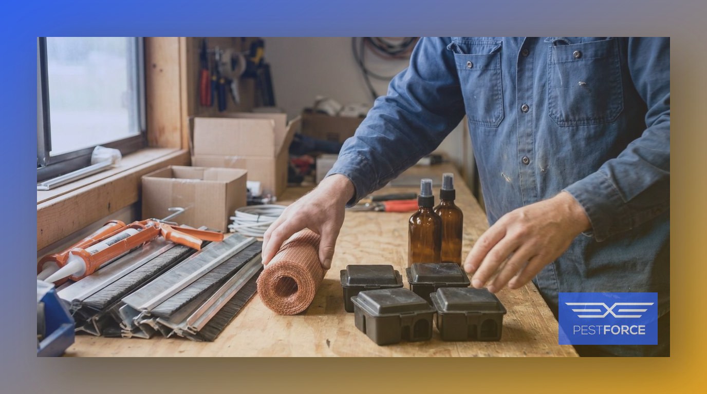 A pest control technician organizing mechanical exclusion tools and low-toxicity treatment supplies on a divided workbench.