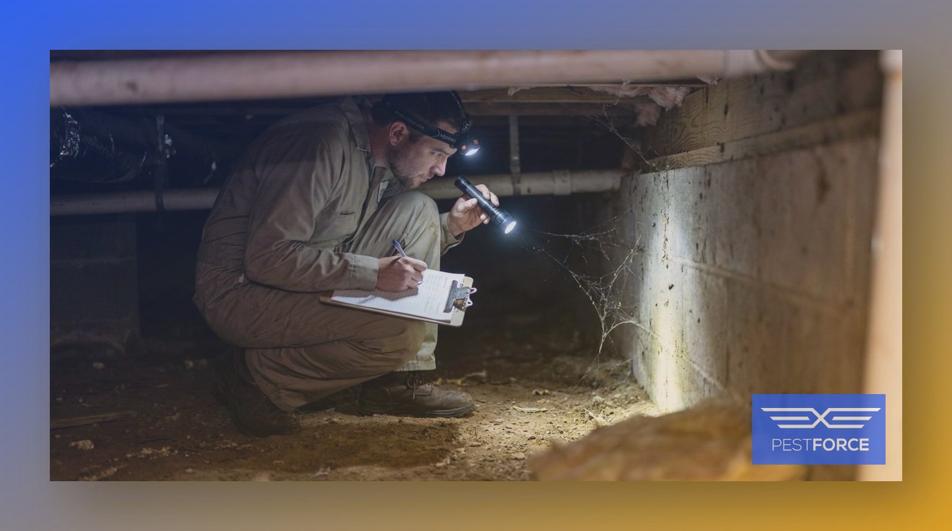 A pest control professional inspecting the crawl space foundation of a home as part of an integrated pest management assessment.