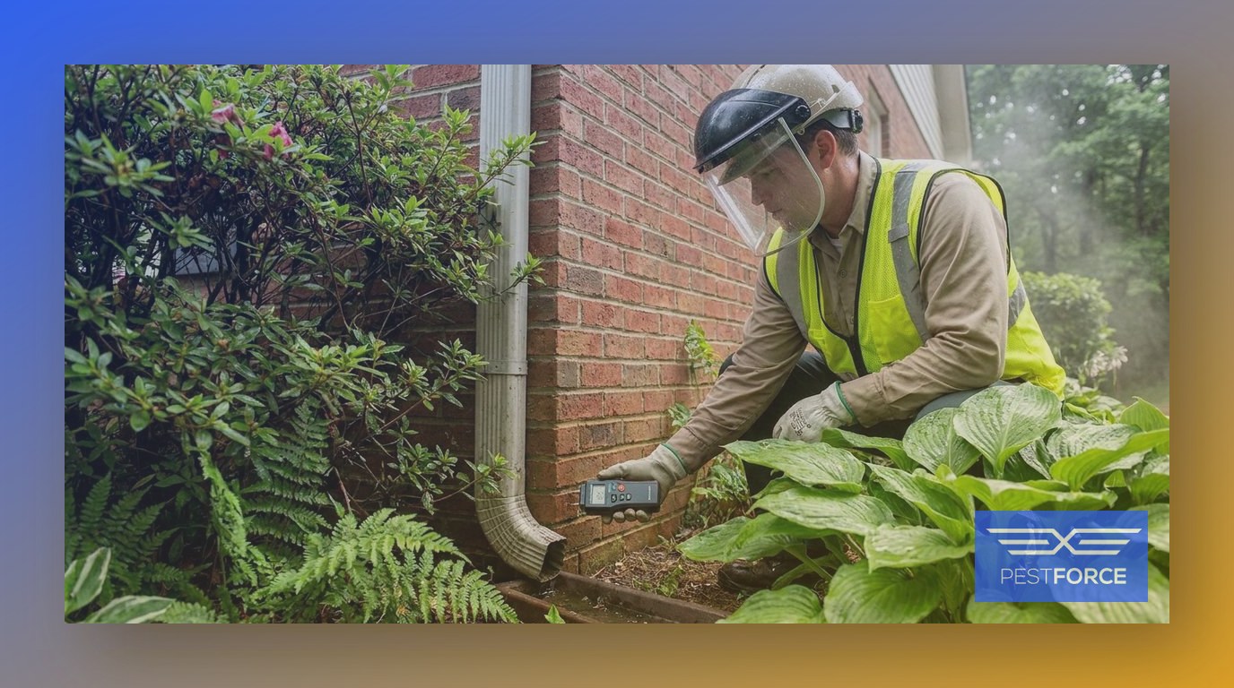 A pest control technician checking moisture levels along the exterior of a Georgia home during humid summer conditions.