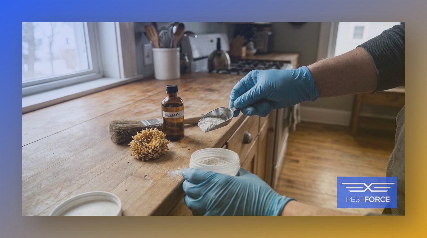 A pest control technician applying diatomaceous earth along a kitchen cabinet base alongside other natural pest control products.