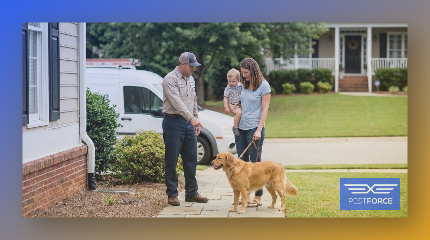 A pest control professional consulting with a Georgia family at their front door to discuss eco-friendly versus conventional treatment options.