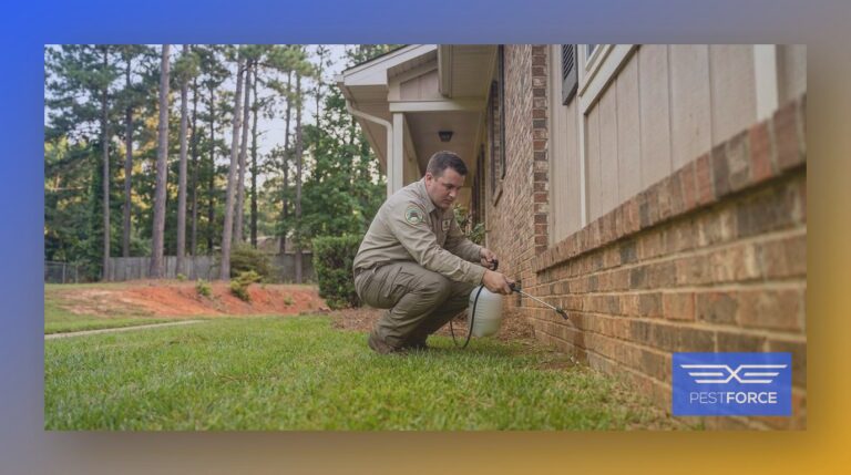 A pest control technician treating the exterior foundation of a Georgia home with a professional sprayer.
