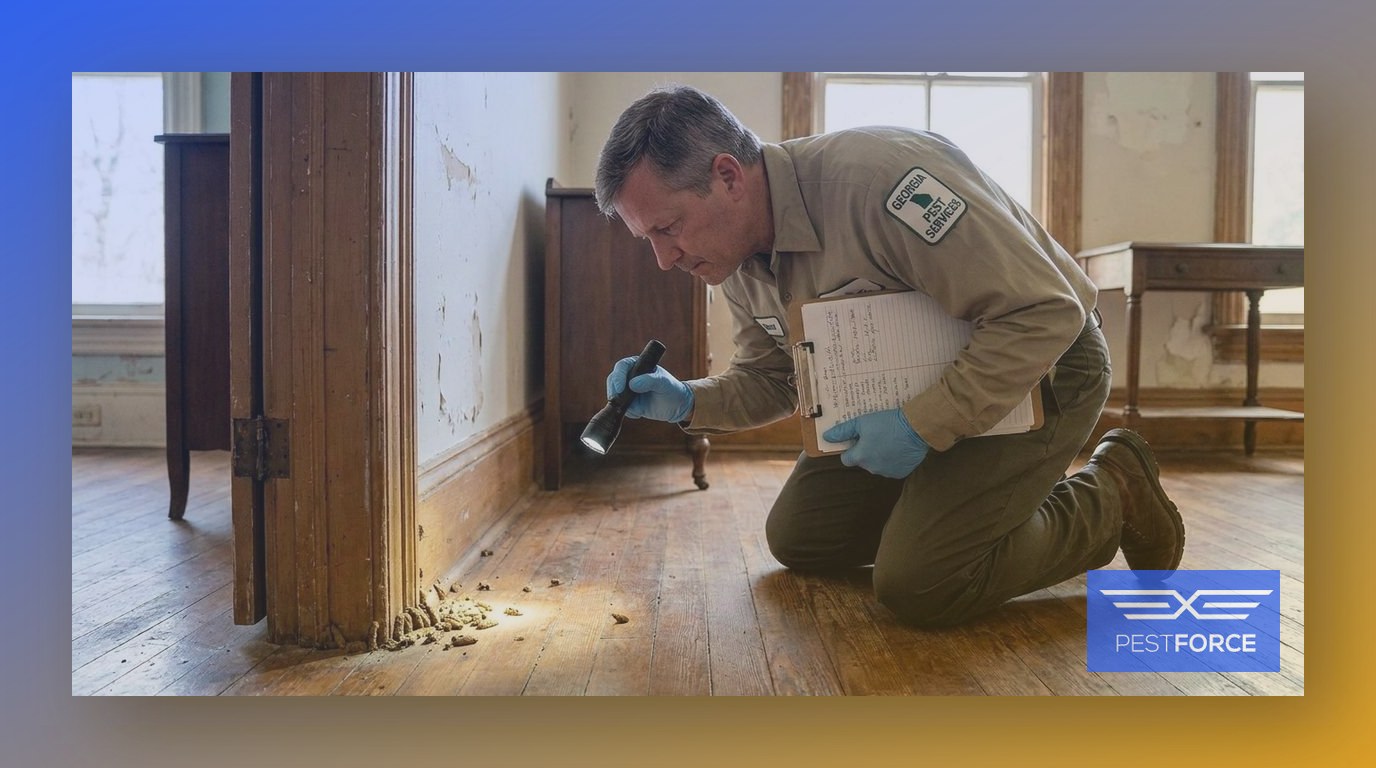 A pest control inspector examining termite mud tubes along the baseboard of a Georgia home.
