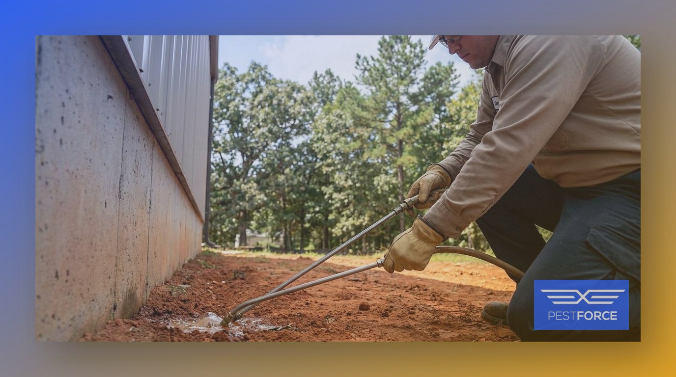 A pest control technician injecting termiticide into Georgia red-clay soil along a commercial building's foundation.