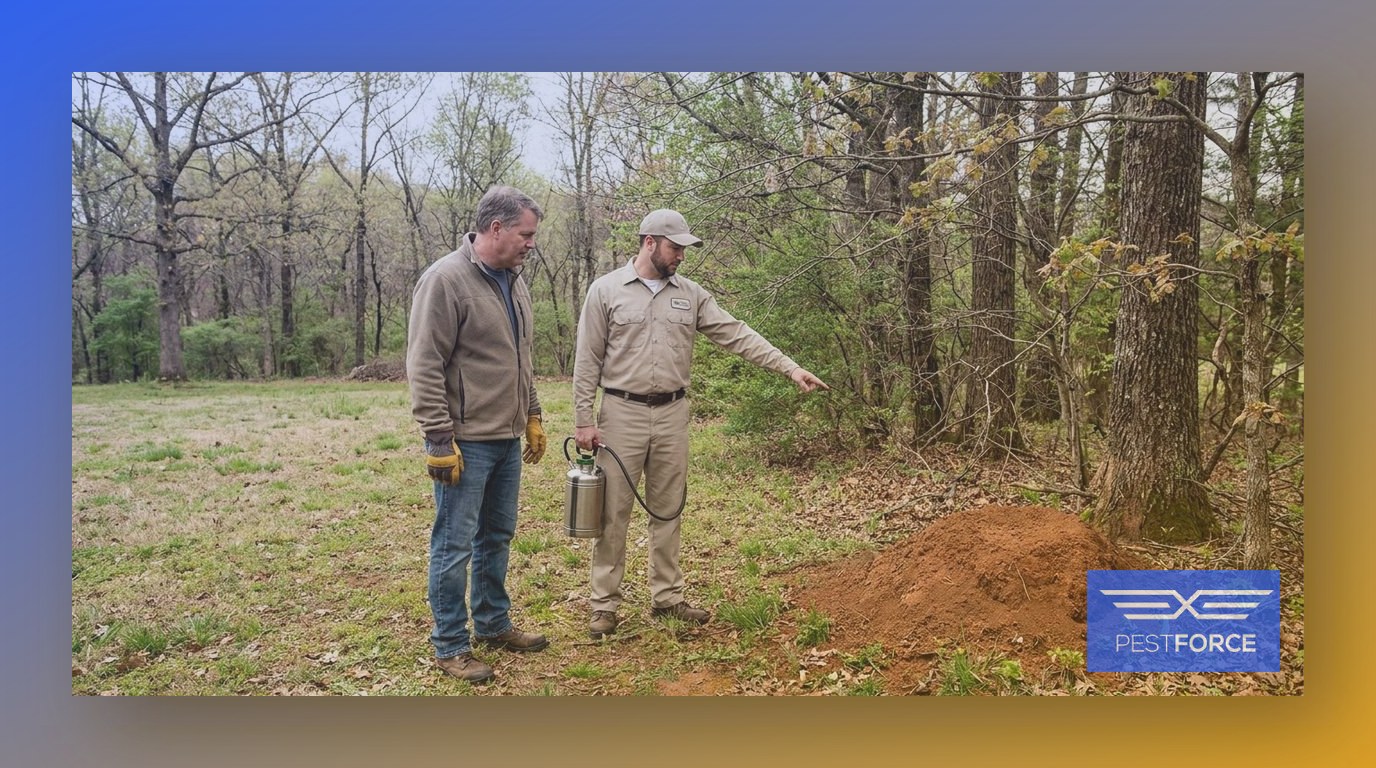 A pest control technician and homeowner inspecting a fire ant mound in a Georgia backyard during spring.