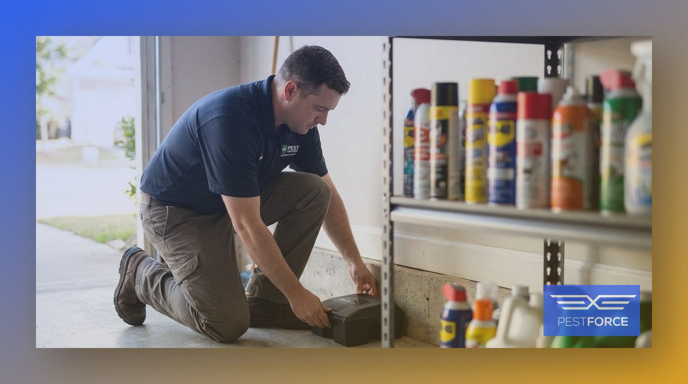 A licensed pest control professional placing a rodent bait station inside a Georgia homeowner's garage.