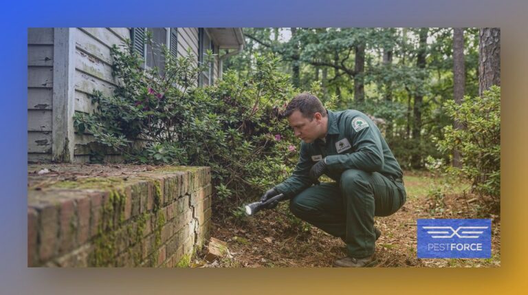 A pest control technician inspecting the foundation of a residential home near a wooded area for potential rodent entry points.
