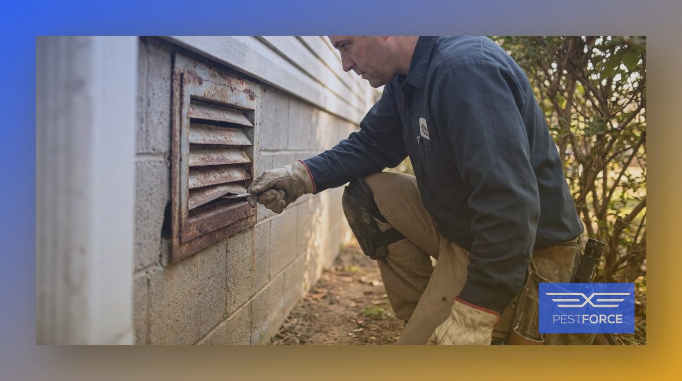 A pest control technician examining a damaged crawl space vent at the base of a home's foundation for rodent entry gaps.