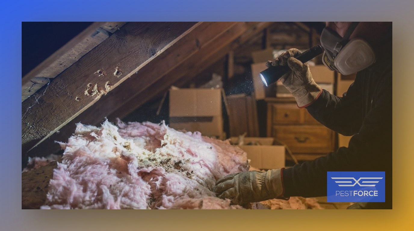 A pest control technician in a respirator examining chewed insulation and gnaw-marked rafters inside a residential attic.