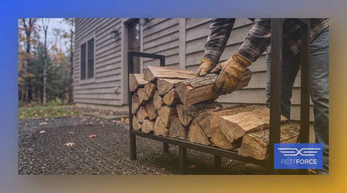 A homeowner stacking firewood on an elevated rack away from the house exterior as part of yard management to deter rodents.
