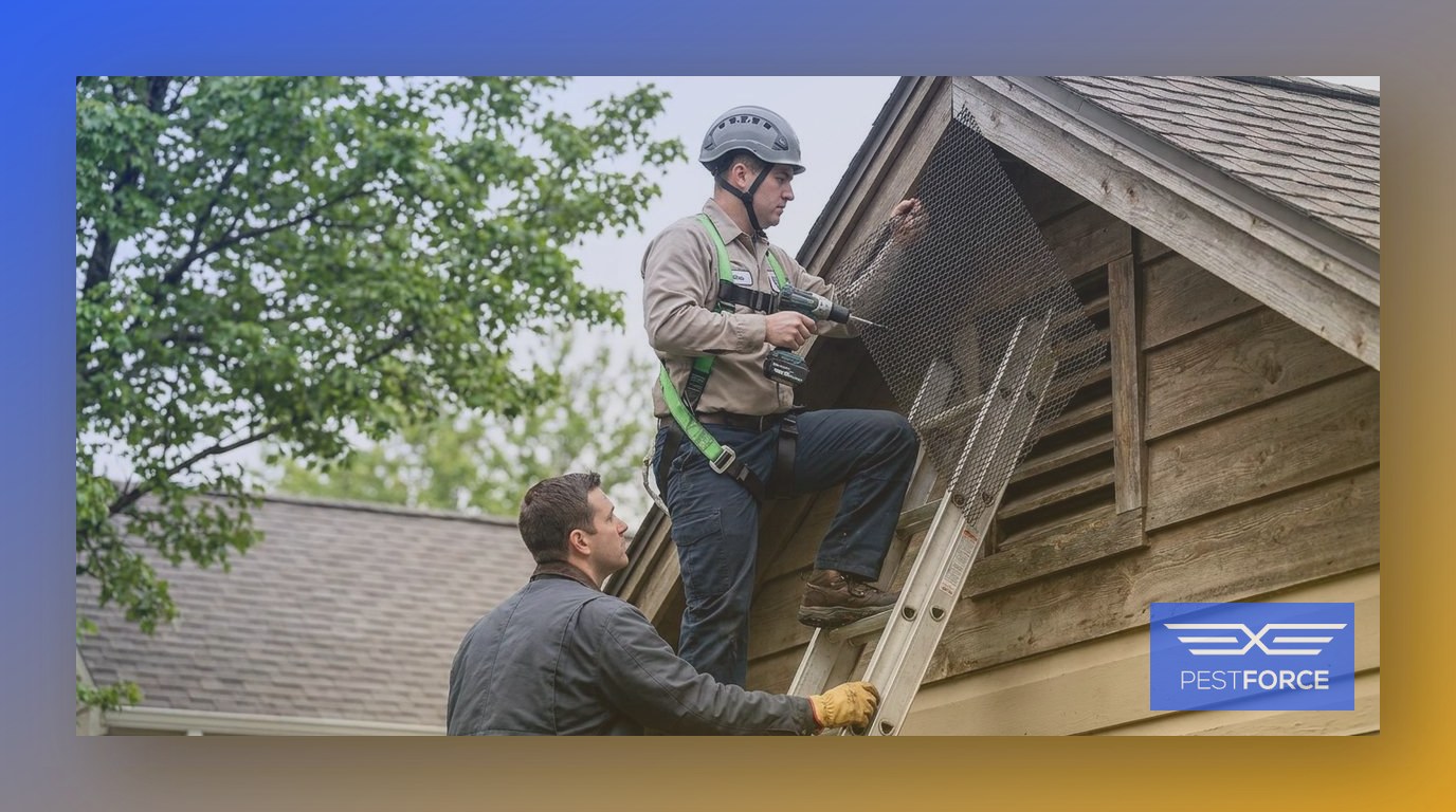 A pest control technician securing steel mesh over a gable vent opening on a home's roofline during a professional rodent exclusion service.