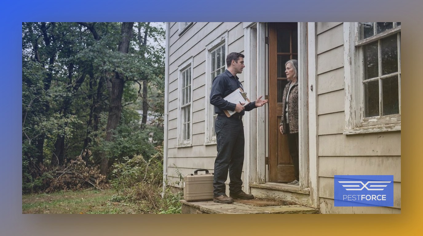 A pest control professional consulting with a homeowner at the front door before beginning a rodent inspection and control service.