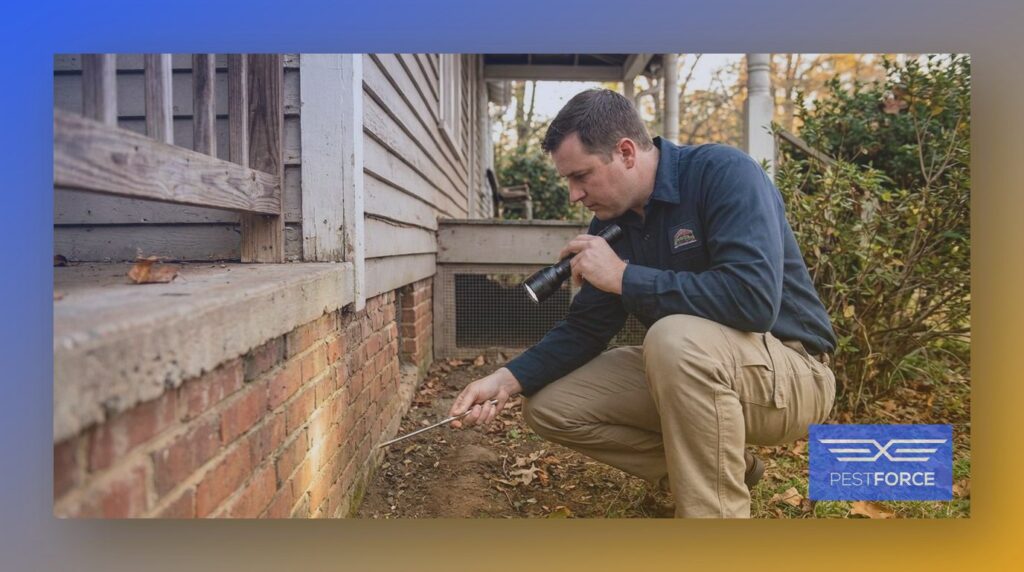 A pest control technician inspecting the foundation of a Georgia home for termite activity.