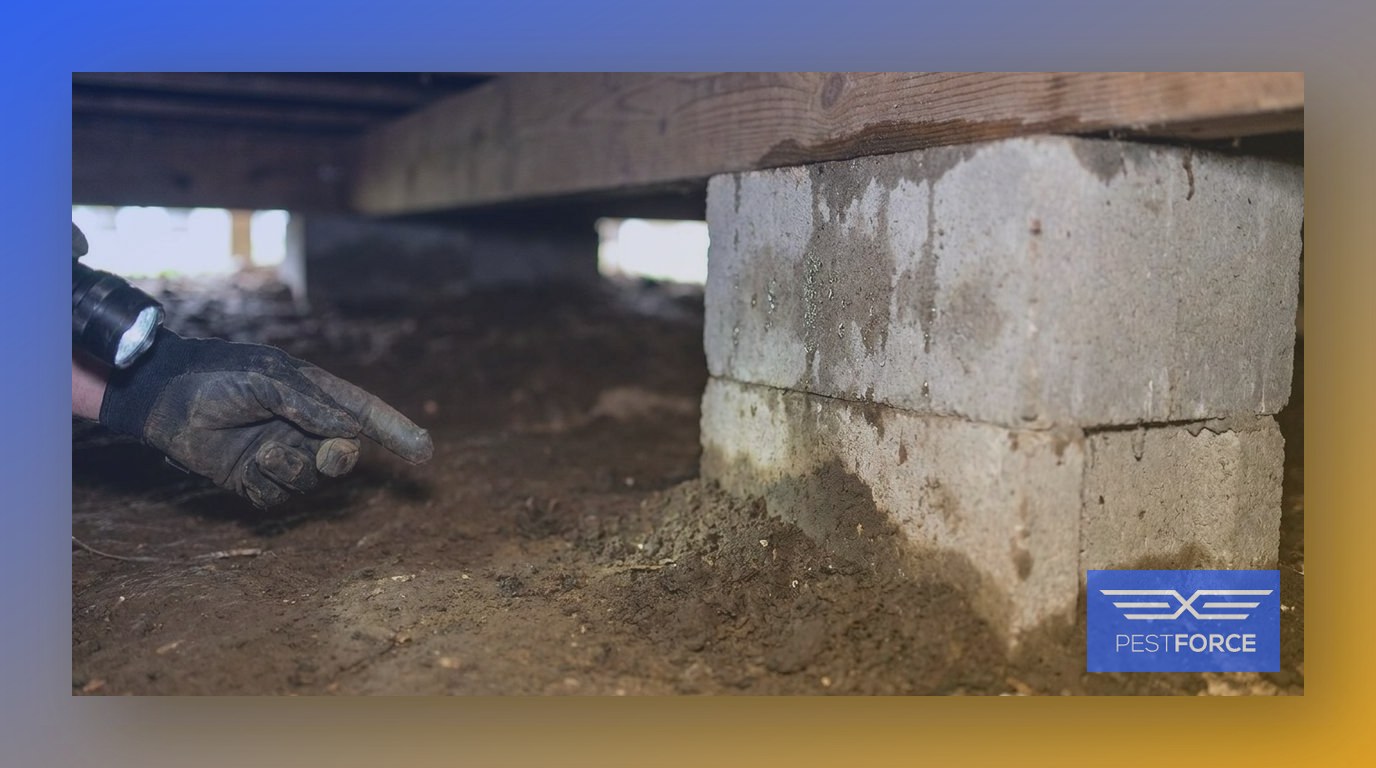 A pest control technician examining soil-to-wood contact beneath a home's crawl space for termite vulnerability.