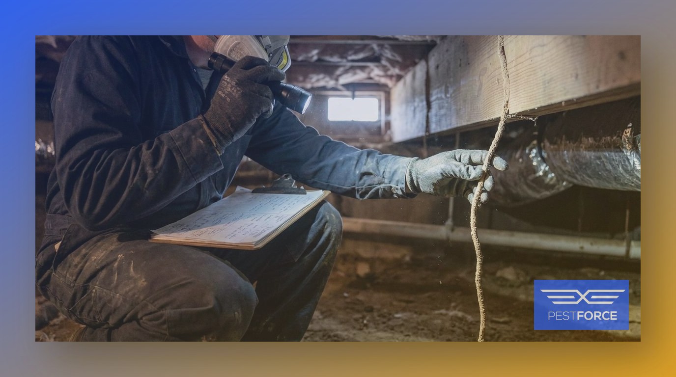 A termite inspector identifying mud tubes on a wooden beam during a crawl space inspection.