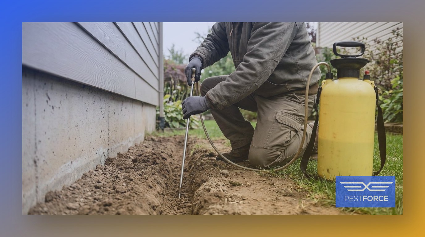 A pest control technician injecting liquid termiticide into the soil along a home's foundation perimeter.