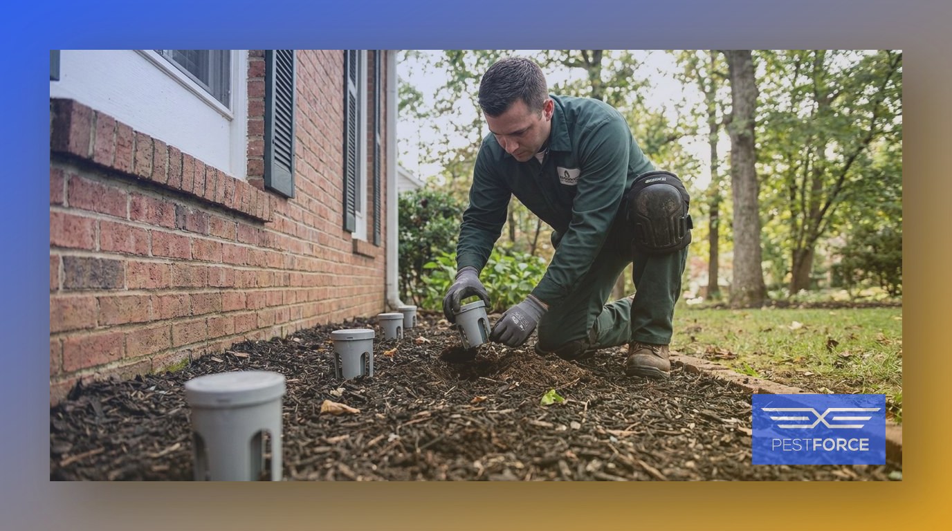 A pest control technician installing termite bait stations at measured intervals in the soil around a home's perimeter.