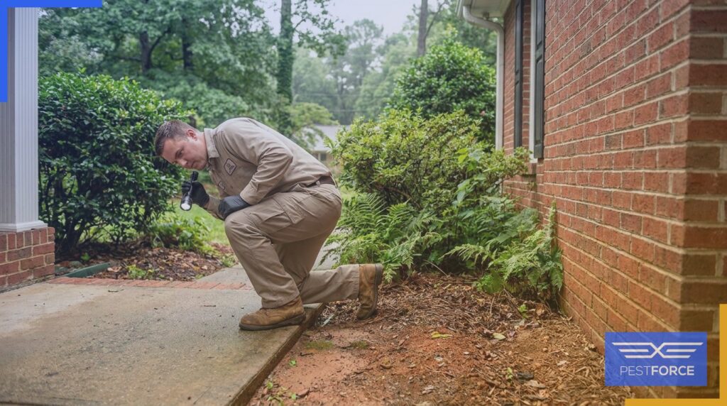 A pest control technician inspecting the foundation of a Georgia home for signs of termite activity.
