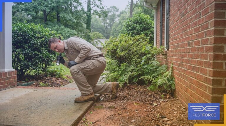 A pest control technician inspecting the foundation of a Georgia home for signs of termite activity.
