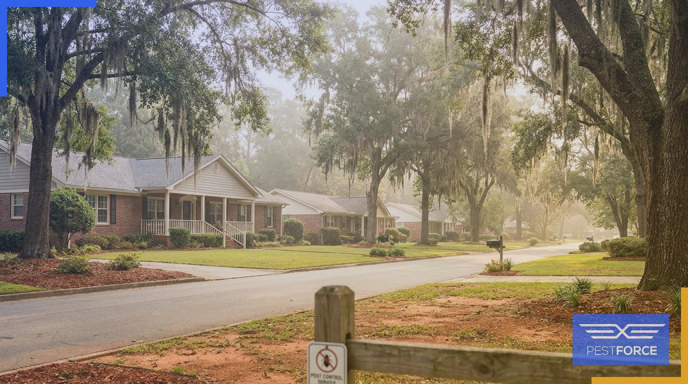 A suburban Georgia neighborhood street surrounded by mature trees and humid Southern landscape typical of high termite infestation risk zones.