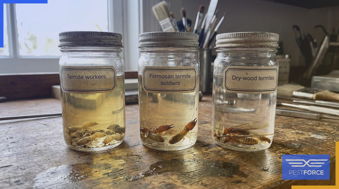 Three pest control specimen jars containing different termite species found in Georgia, arranged on a technician's workbench.