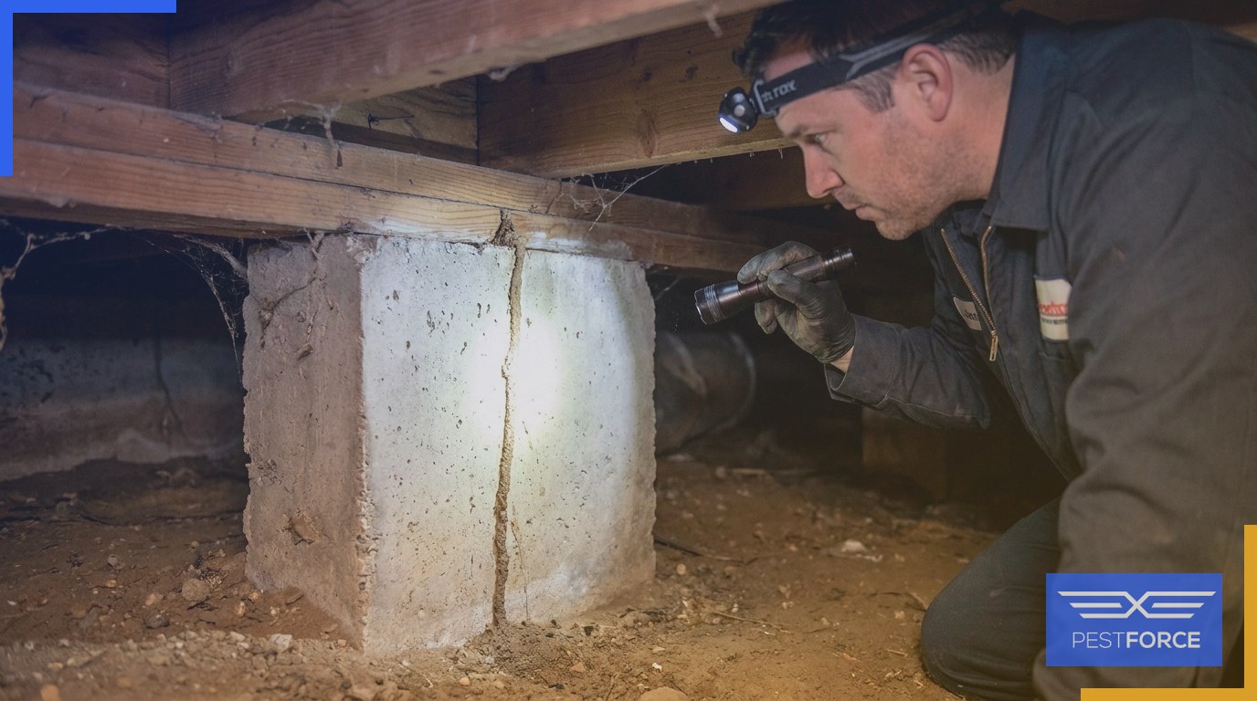 A pest control technician inspecting a mud tube running up a crawl space pier toward a home's wooden sill plate.