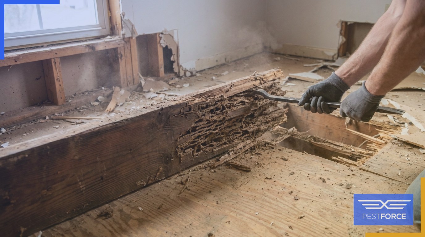 A contractor removing a severely termite-damaged floor joist inside a Georgia home, revealing hollowed galleries eaten through the structural wood.