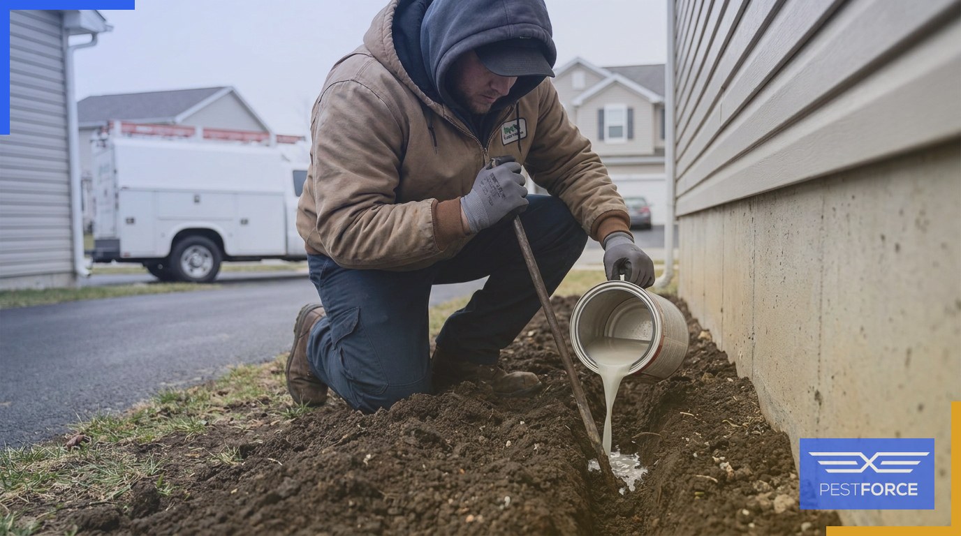 A pest control technician applying a liquid termiticide barrier treatment by trenching along the exterior foundation of a home.