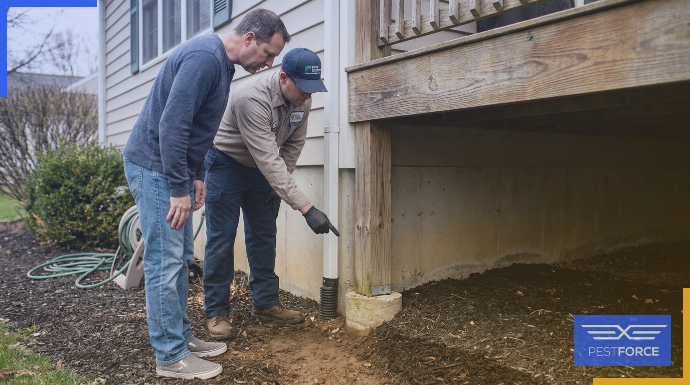 A pest control professional advising a homeowner on termite prevention measures at the exterior foundation and deck of a Georgia home.
