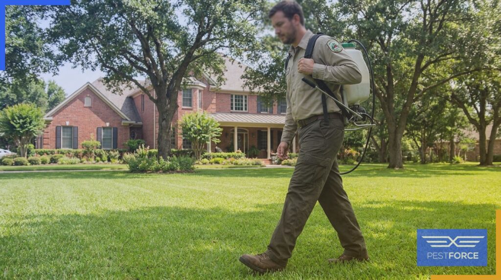 A pest control technician treating a residential lawn with a backpack sprayer in Georgia.