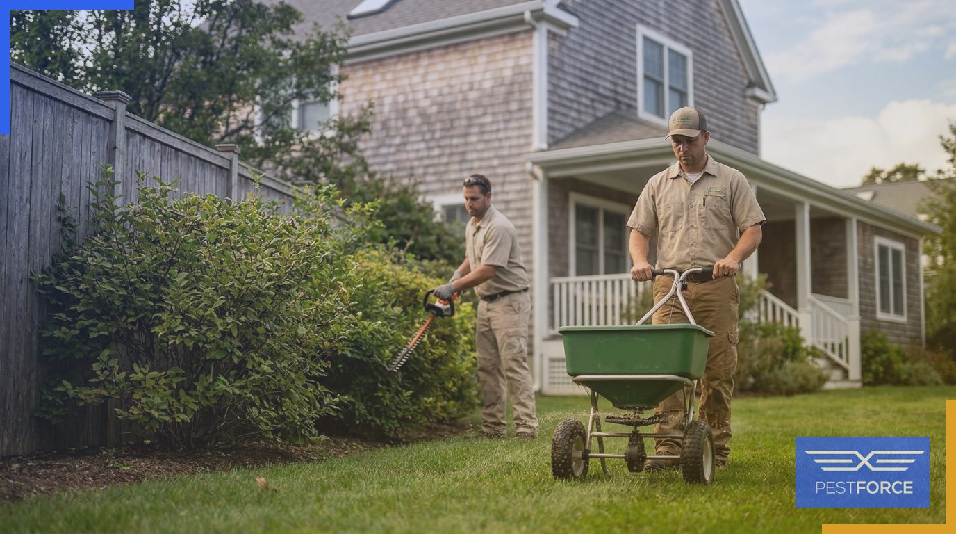 Pest control technicians applying granular turf treatment and cutting back overgrown vegetation along a yard border.