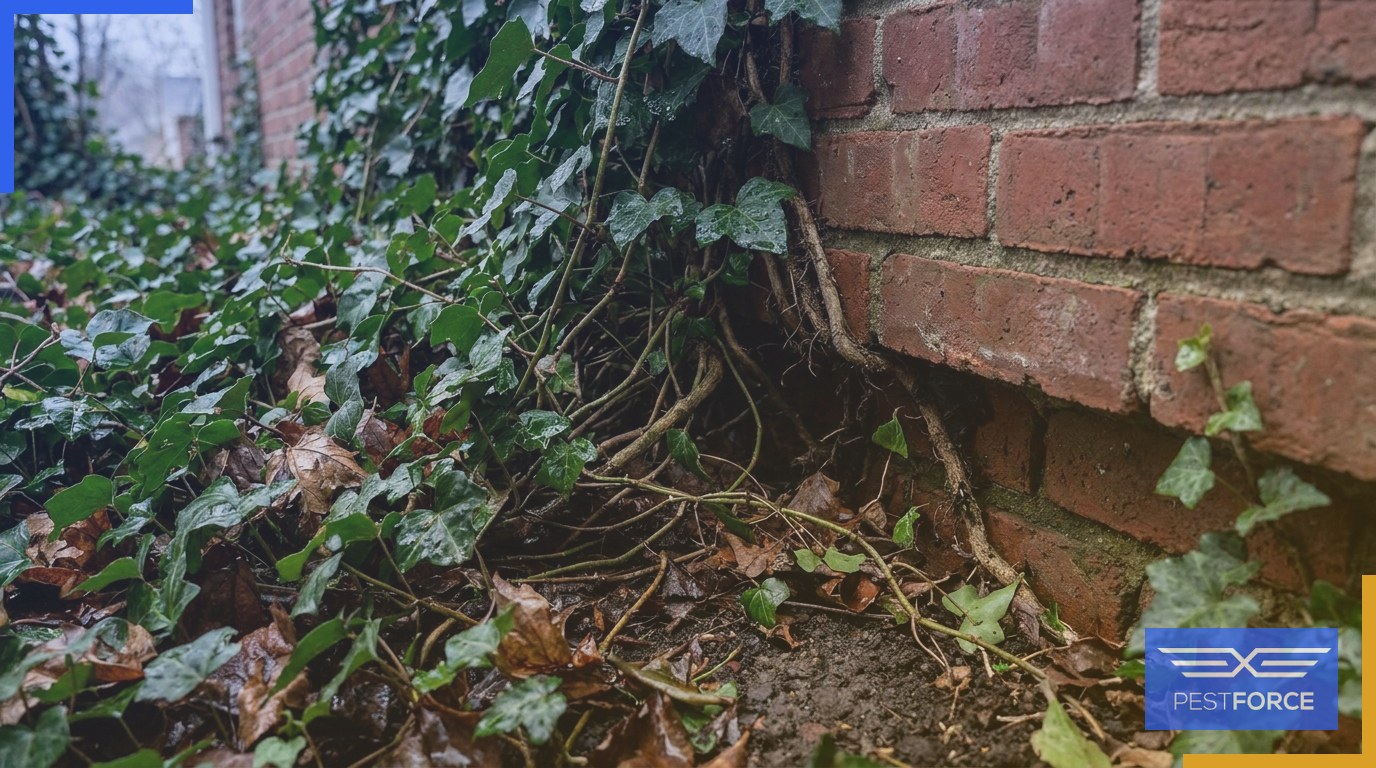 Dense ivy and leaf litter overgrowth crowding the base of a residential home's foundation.