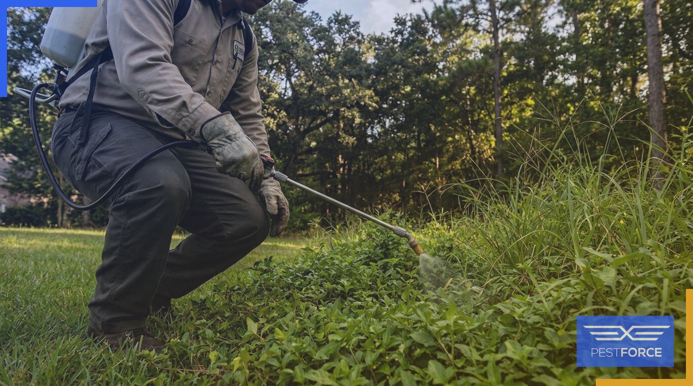 A pest control technician applying flea and tick treatment along the shaded edge of a Georgia yard bordering a wooded area.