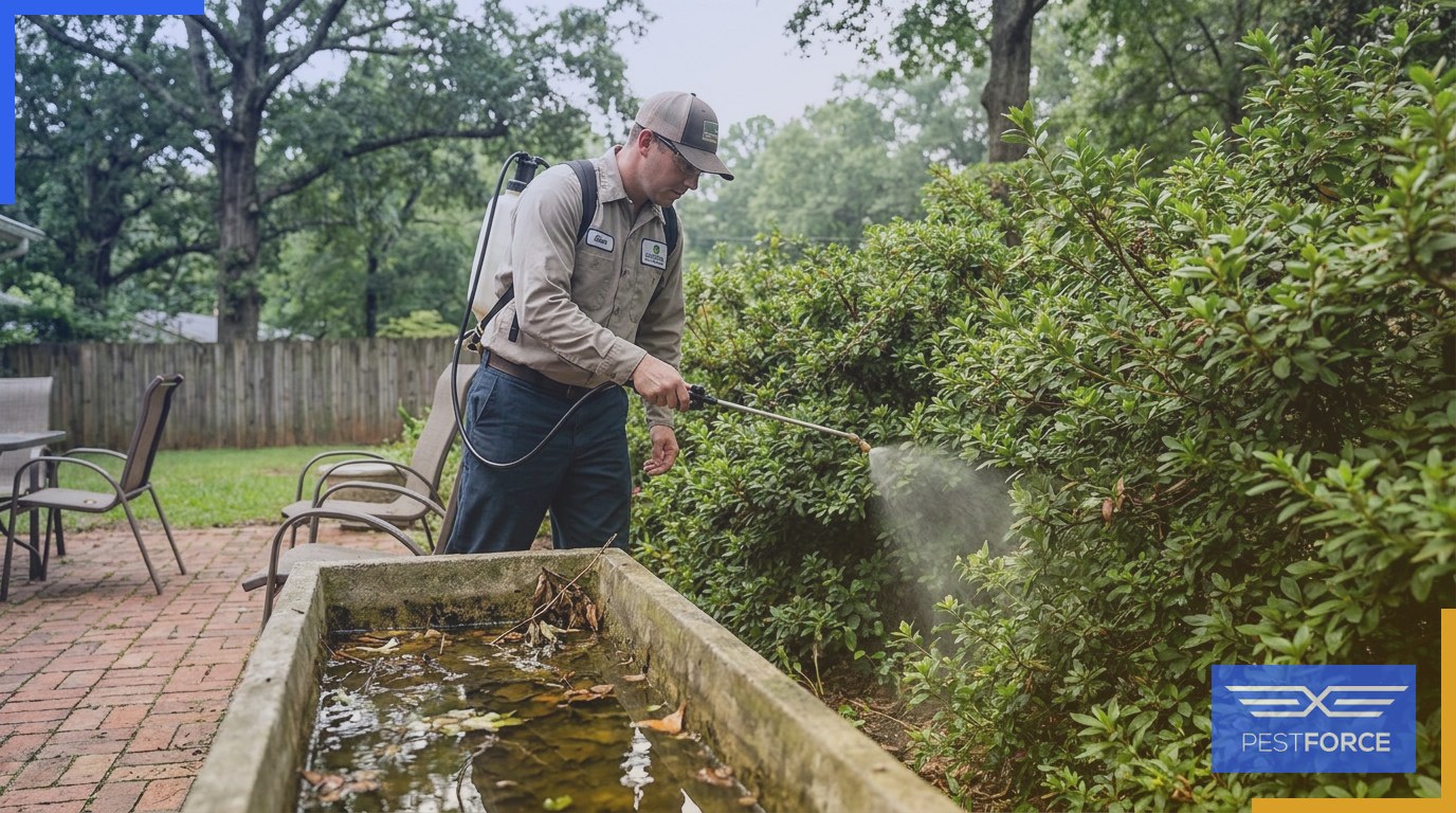 A pest control technician performing a mosquito barrier spray treatment around backyard shrubs and foliage.
