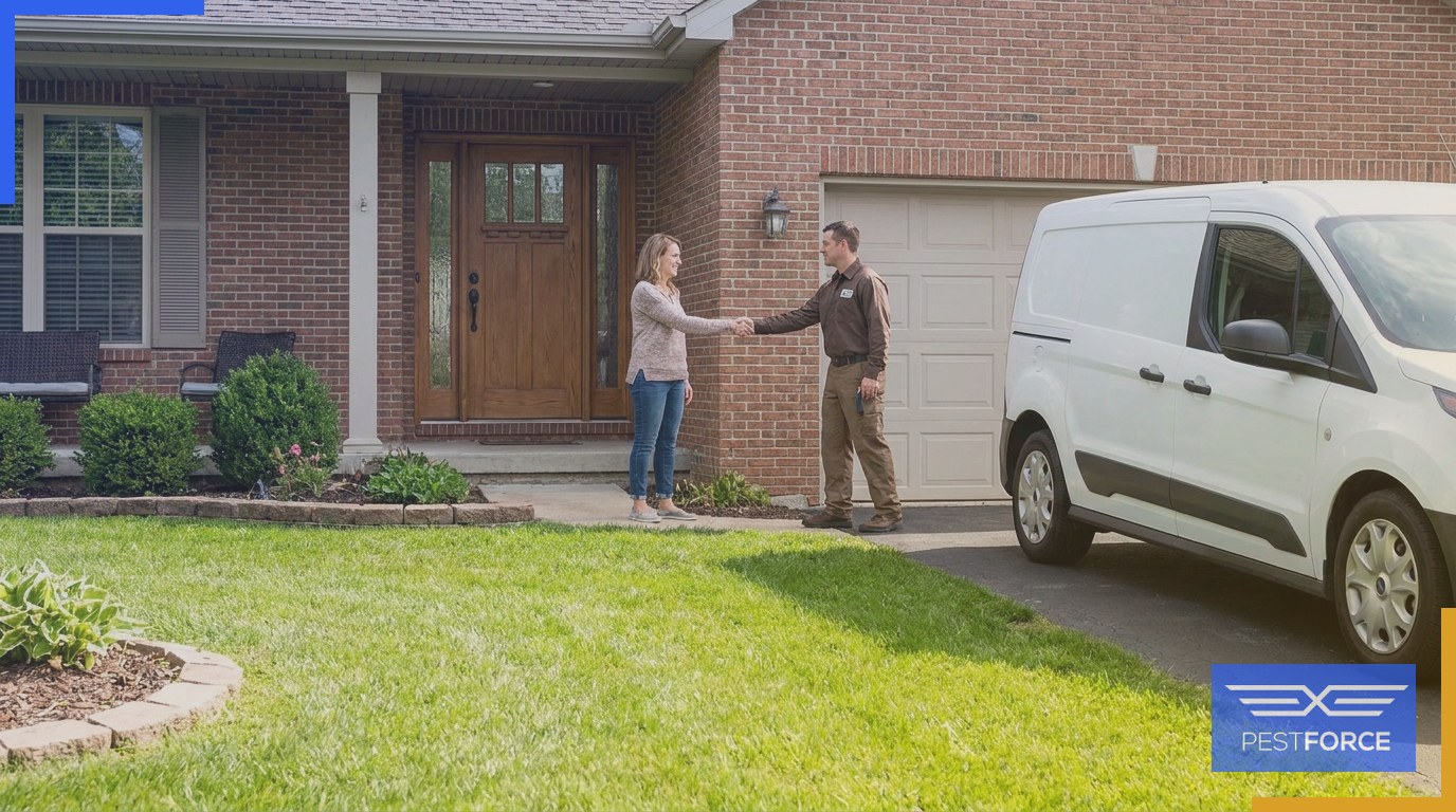 A pest control technician greeting a homeowner at the front door of a Georgia residence after completing an outdoor pest treatment.