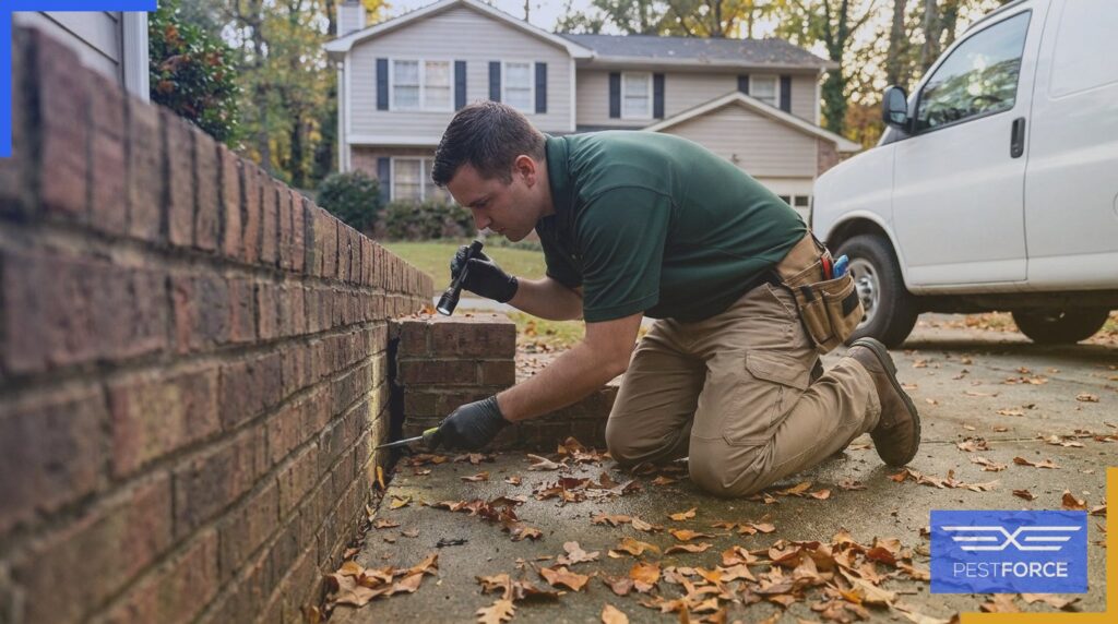 A pest control technician inspecting a foundation gap at the base of a Georgia home for rodent entry points.