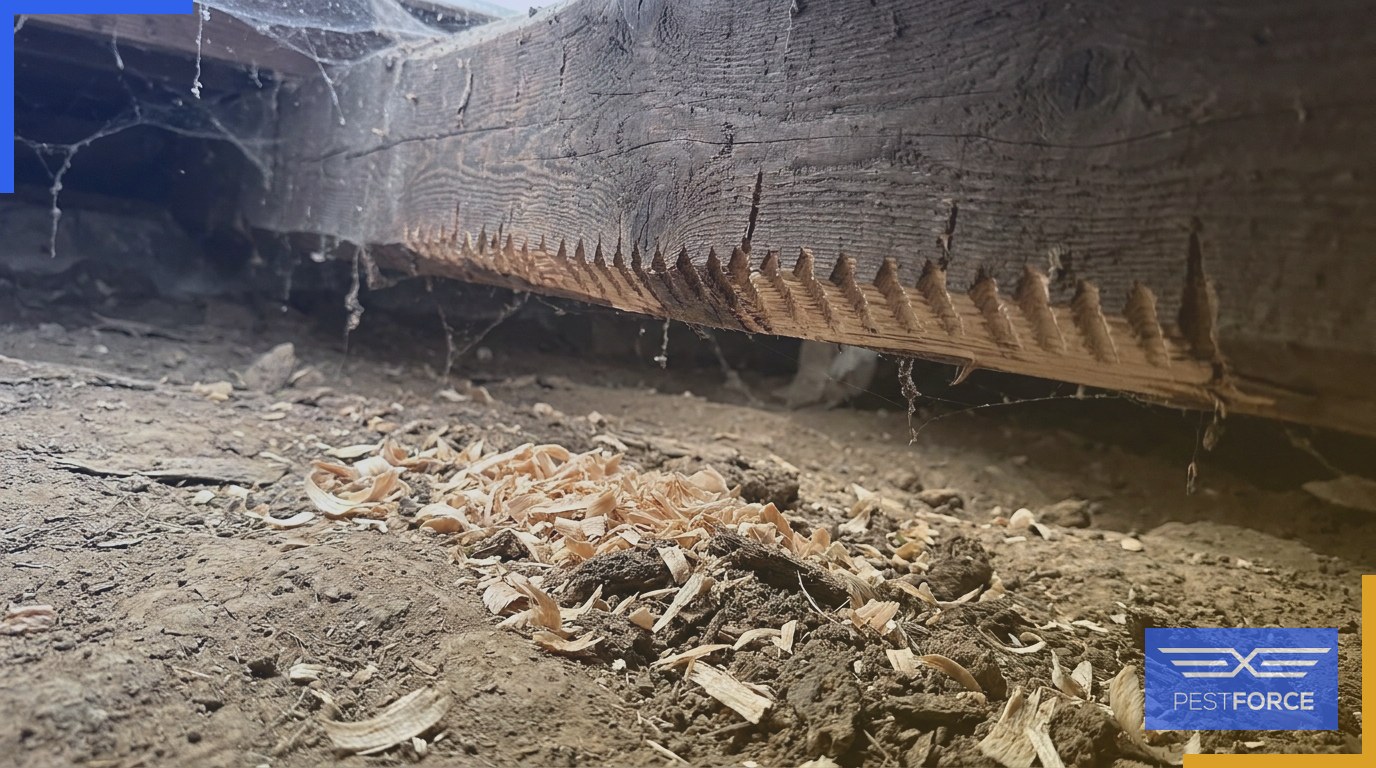 A wooden structural beam in a crawl space showing extensive gnaw damage from rodent incisors.